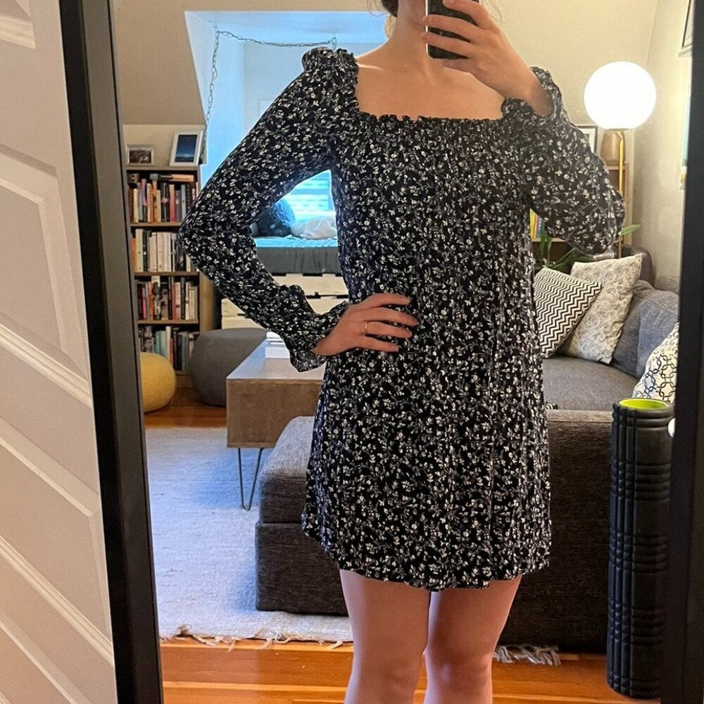 Reformation Hudsen Blue Mini Long Sleeve Floral Dress